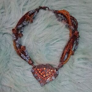 Chico's Orange and Gray Multistrand Heart Pendant Necklace